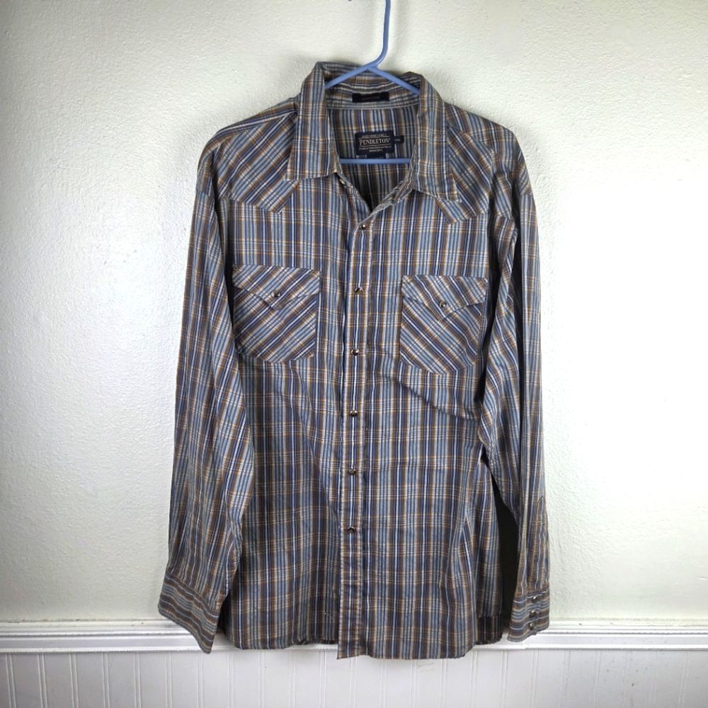 Men's Pendleton Brown Blue Snap Button Casual Pla… - image 1